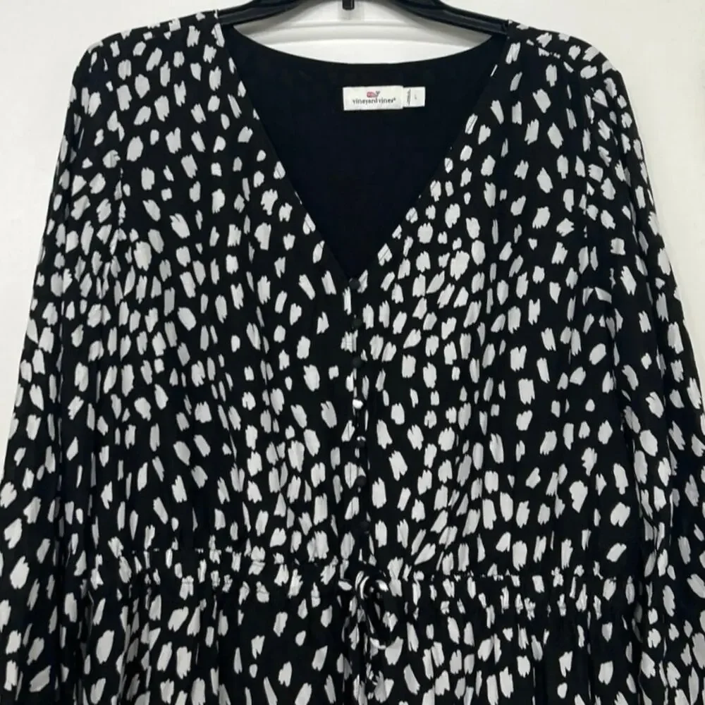 Vineyard Vines Black White Silk Blend Dress Large V Neck Long Sleeve Ruffle Hem - Picture 5 of 16